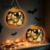 Ghost Skeleton Window Display Halloween Wooden Pumpkin Sign, LED Light Up Hanging Rustic Pendant Wall Sign for Indoor Outdoor Holiday Party Decor