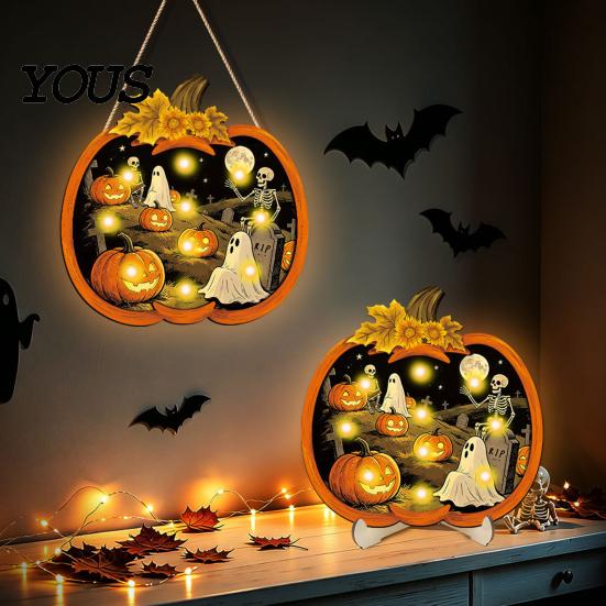Ghost Skeleton Window Display Halloween Wooden Pumpkin Sign, LED Light Up Hanging Rustic Pendant Wall Sign for Indoor Outdoor Holiday Party Decor