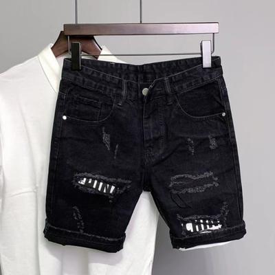 Shorts en denim patchwork déchiré pour hommes Bouton et fermeture éclair Poches Coupe droite Shorts genou en denim