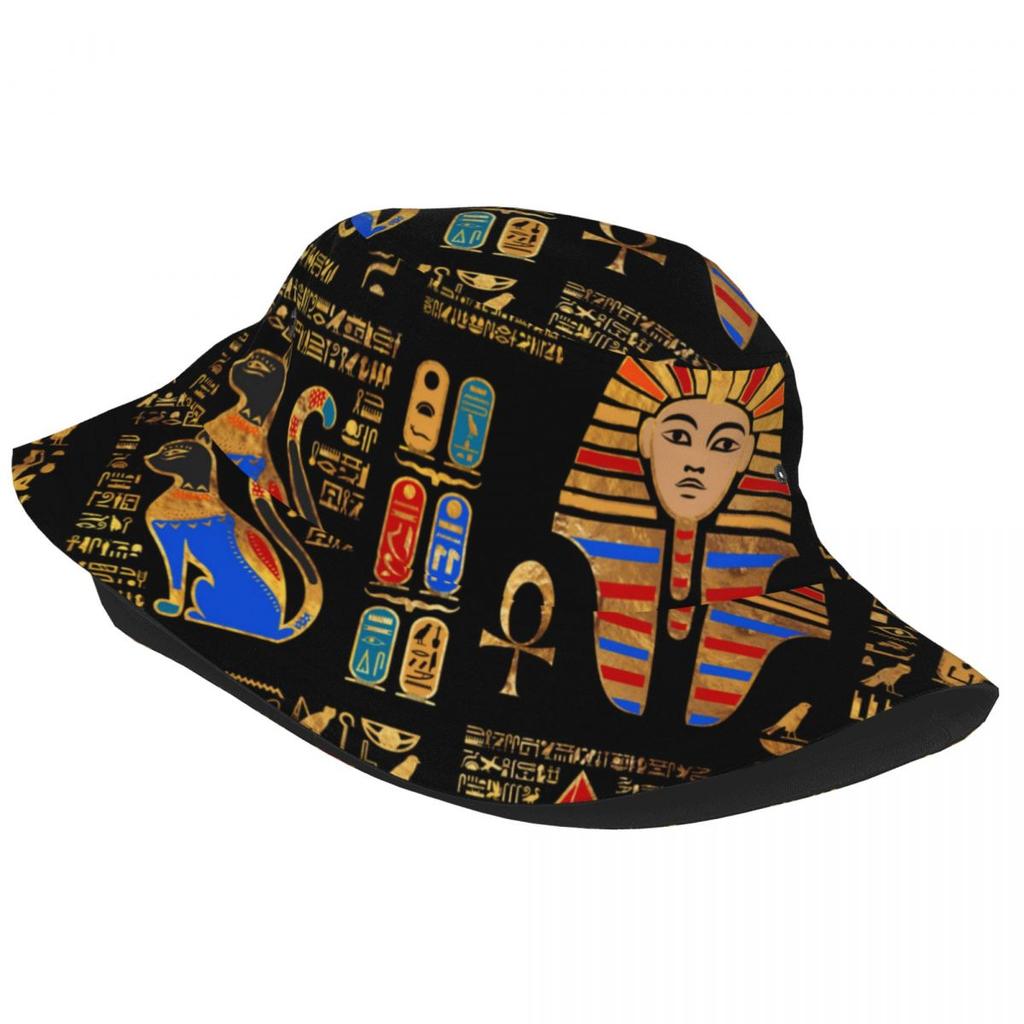 Egyptiska hieroglyfer och gudar på svart hinkhatt för sommarsemester Egypten Hängande hatt Bob Fiskarehatt Ispoti Keps