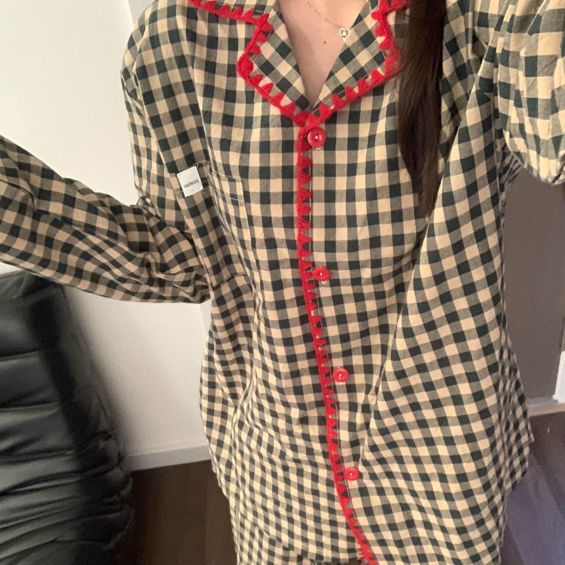 

Premium plaid cloud cotton Korean pajamas for women s spring and autumn new loose student cute wearable suit M
