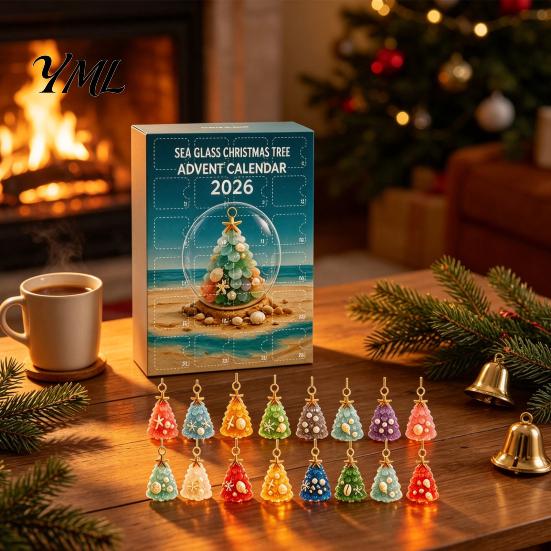 Beach Themed Christmas Decorations 2026 Advent Calendar, Sea Glass Tree 2D Acrylic Ornament Set Holiday Hanging Pendants with String, Countdown Decor,