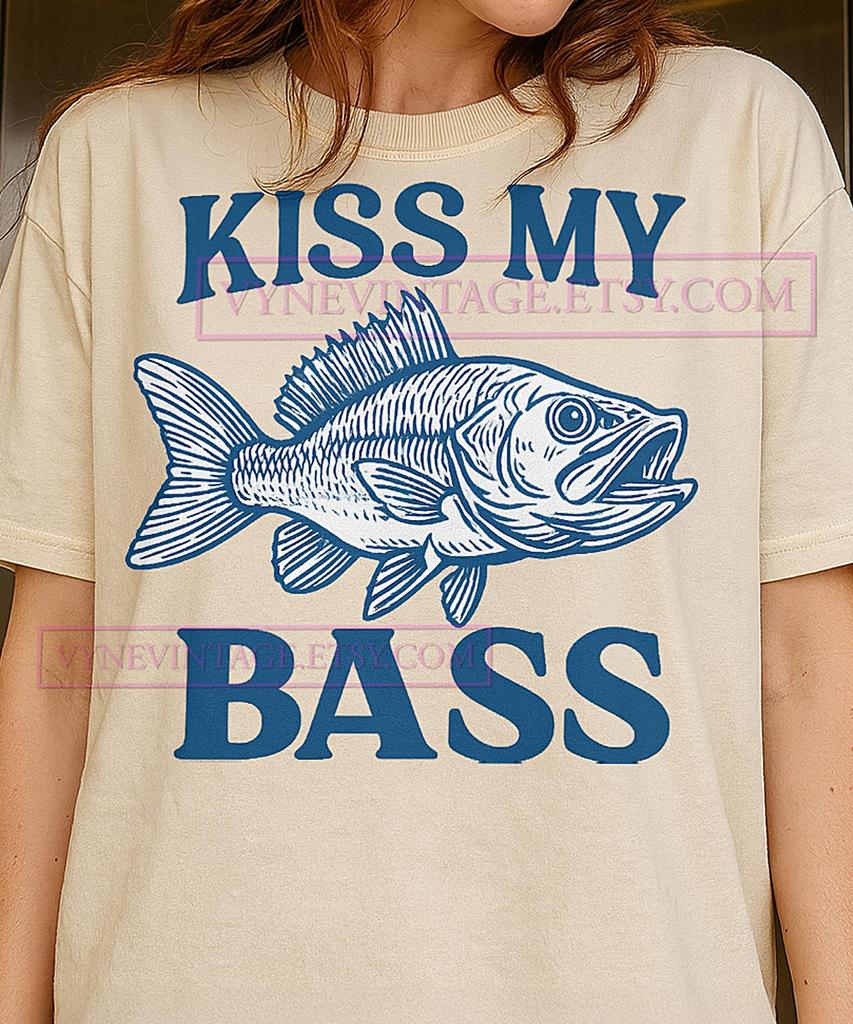 Kiss My Bass T-Shirt, Funny Fishing Pun Graphic Tee, Fisherman Gift Idea, Humorous Angler Shirt, Fishing Lover Gift