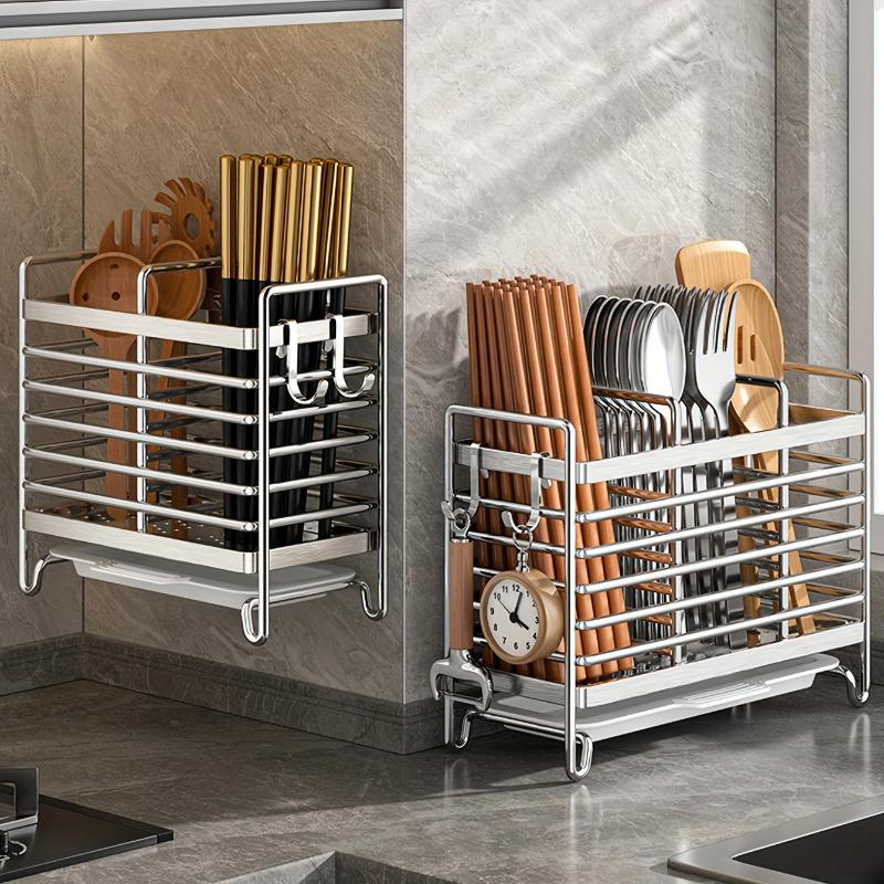 Wall-Mounted No-Drill Cutlery Rack Stainless Steel Space-Saving Anti-Scratch Utensil Organizer for Home Kitchen Storage