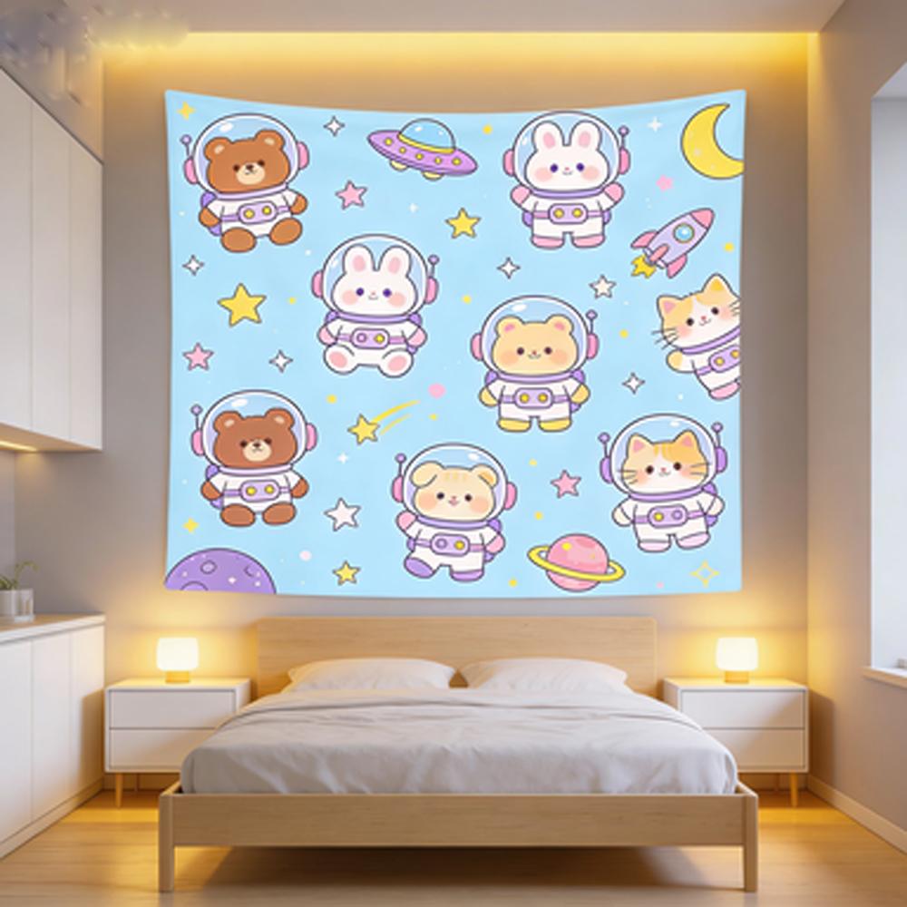 Kawaii Astronaut Bear Bunny Cat Tapestry Cute Space Galaxy Wall Hanging Aesthetic Room Decor for Girls Boys