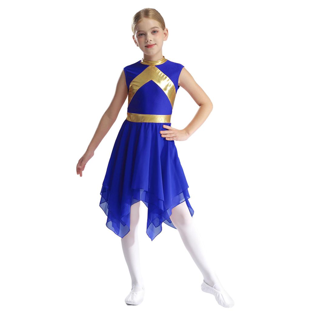 Girls Liturgical Praise Dance Dress Metallic Contrast Color Patchwork Sleeveless Asymmetrical Hem Dresses