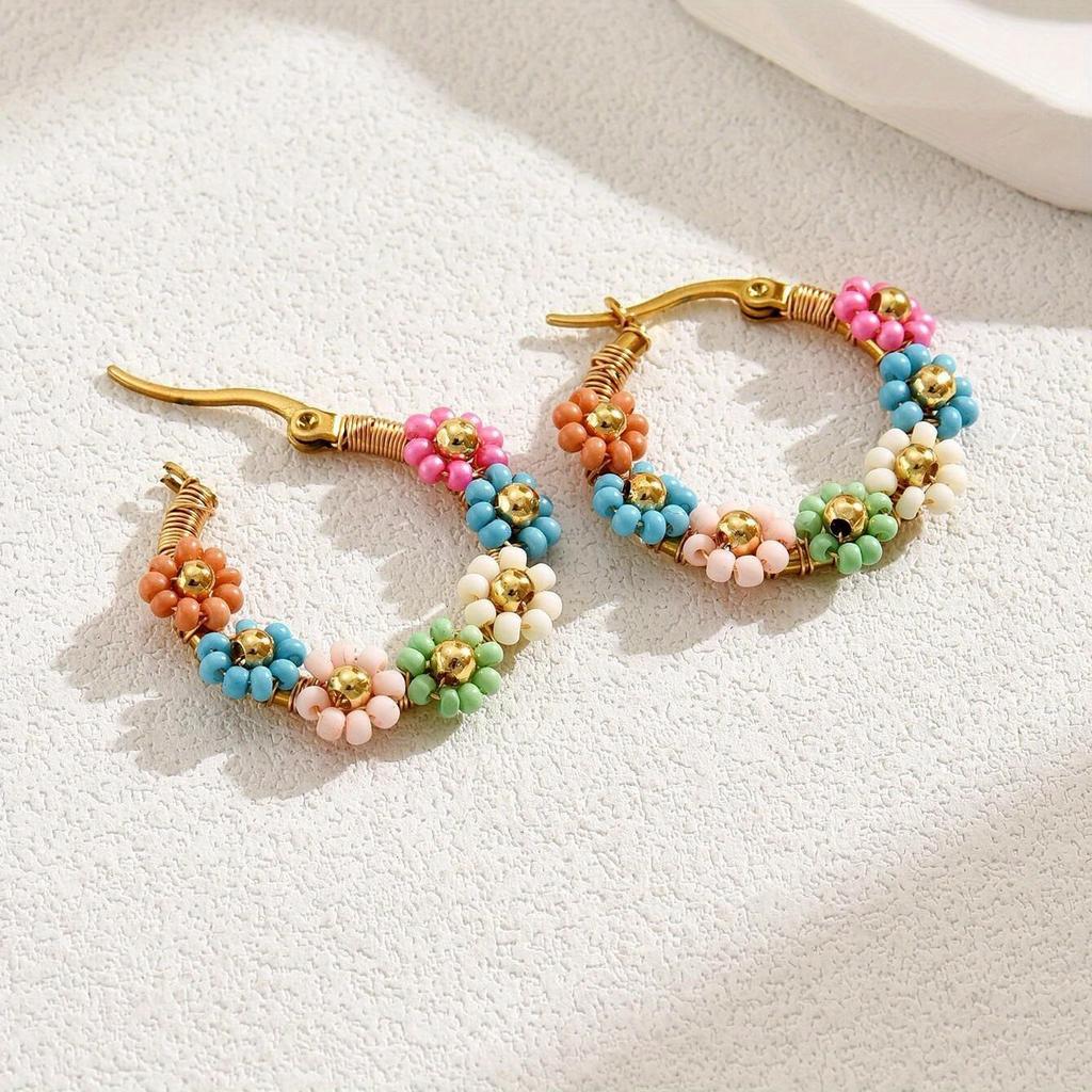 Boho Beaded Flower Hoop Earrings, Stainless Steel Decor Hoops, Bohemian Style Everyday Jewelry for Women, 1 Pair