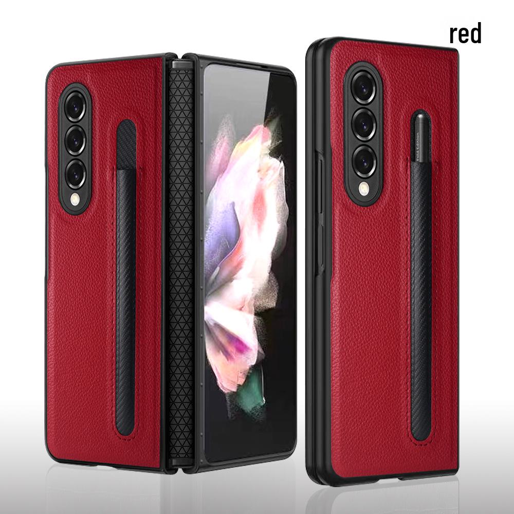 

Кожаный чехол-держатель для ручек Samsung ZFold3/4/5/6: Узор личи, полностью кожаный, шарнирный дизайн, складной чехол для мобильного телефона Samsung ZFold3 with precise camera hole