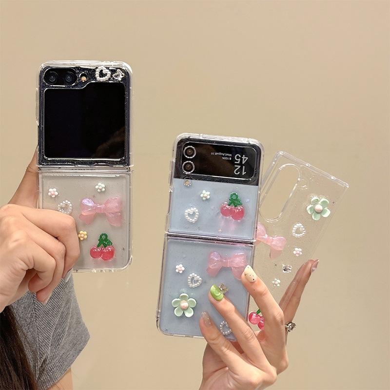 Small Fresh Cherry Bow Flower Mobile Phone Case for Samsung Zflip6 Flip Folding Screen Zfold5 Hard Case