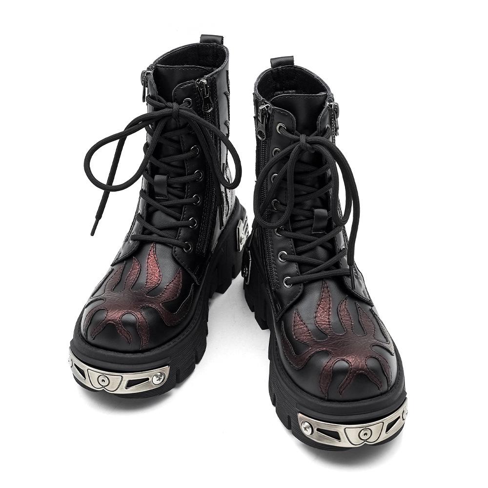 Unisex High-Top Punk Retro Flame Boots with Thick Tank Sole for Autumn/Winter