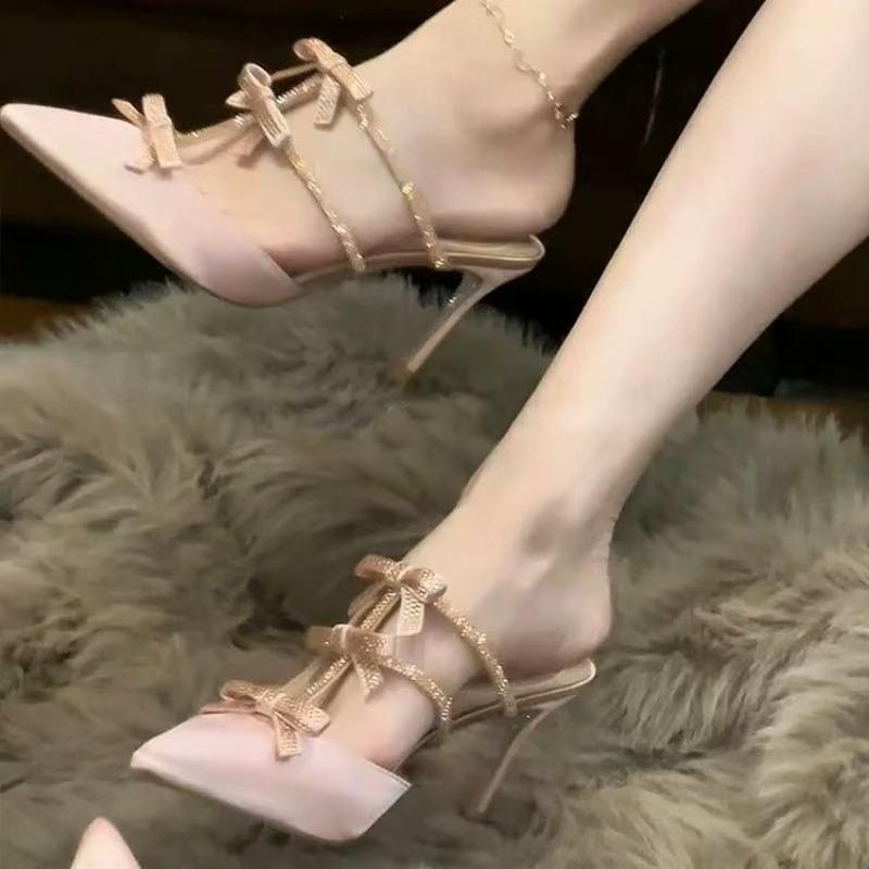 Summer Baotou Slippers Women's Fashion Pointy Shallow Cut Hollow-out Sequin Butterfly Knot Foot Non-slip Heels