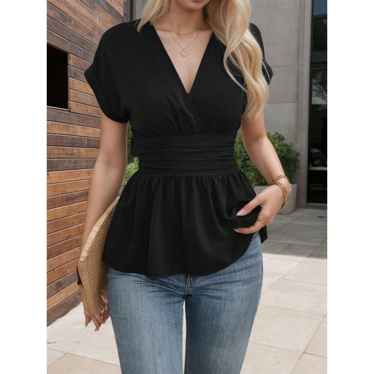 

Ladies, Spring, V-neck, Cinched Waist, Solid Color, Raglan Sleeves, Pleated, T-sleeves, Top S чёрный