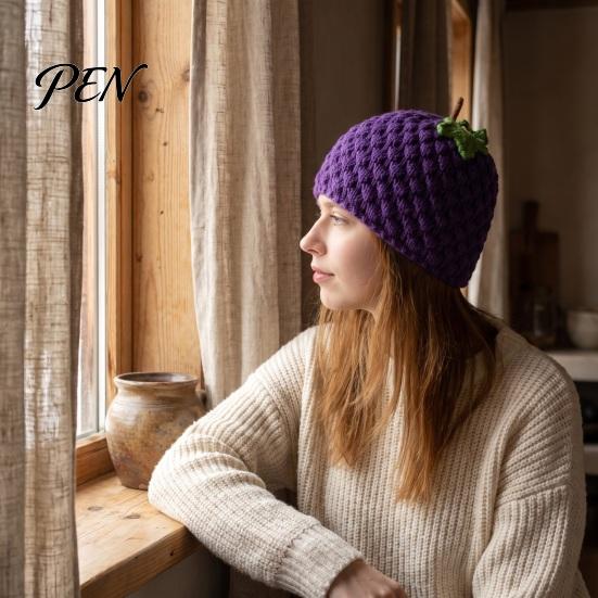 Cute Fruit Beanies Women Knitted Hat, Stretchy Cozy Winter Beanies, Trendy Outdoor Hats Sweet Warm Skull Cap for Girls Cold Weather Travel Friendly