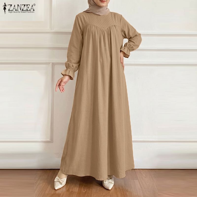 ZANZEA Rochie lungă musulmană lejeră cu mânecă lungă și gât rotund casual pentru femei