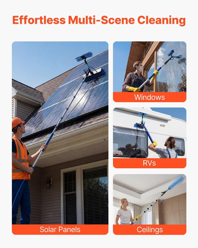 Solar Panel Cleaning Kit, 12.03 m, Water Fed Pole Kit with Cleaning Brush, Soap Dispenser, Extendable Aluminum Telescopic Pole, 180° Rotatable Brush