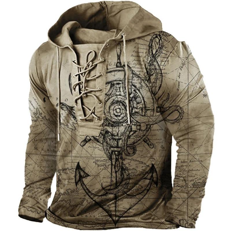 Men's Cyber Compass Graphic Hoodie Lace-Up Front Long Sleeve Pullover Sweatshirt