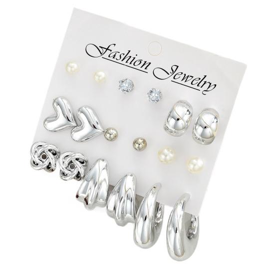 9 Paires Boucles d'Oreilles Créoles Argent Brillant Miroir Cœurs Poli Zirconium Cubique Perles Synthétiques Design Géométrique Boucles d'Oreilles Soirée Rendez-vous