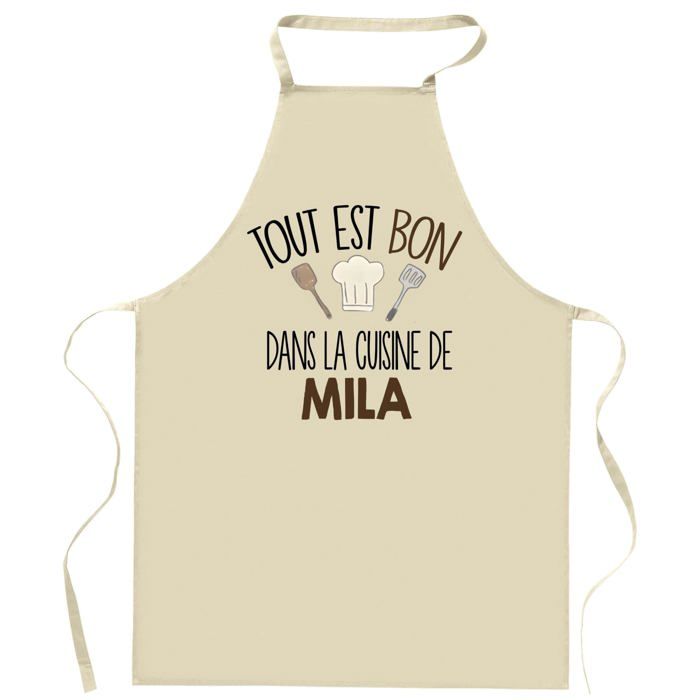 Planetee Tablier Tout est bon dans la cuisine de MILA | Cadeau original Prénom pour Cuisinière | Vêtement Blouse protection