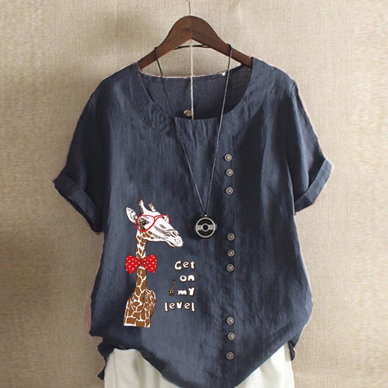 

Женская мода, летняя футболка с круглым вырезом и коротким рукавом, повседневная хлопково-льняная рубашка с рисунком, свободная блузка для отдыха с принтом жирафа, топы больших размеров S темно-синий