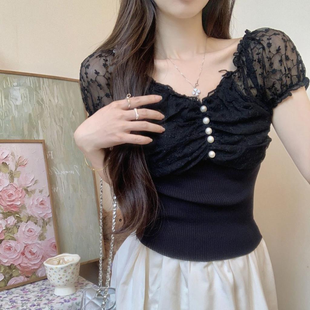 Summer Off Shoulder Pearl Button Knit Sweater for Hot Girls Sexy Short Cut Top with Lace Patchwork Slim Fit Short Sleeved for Ou