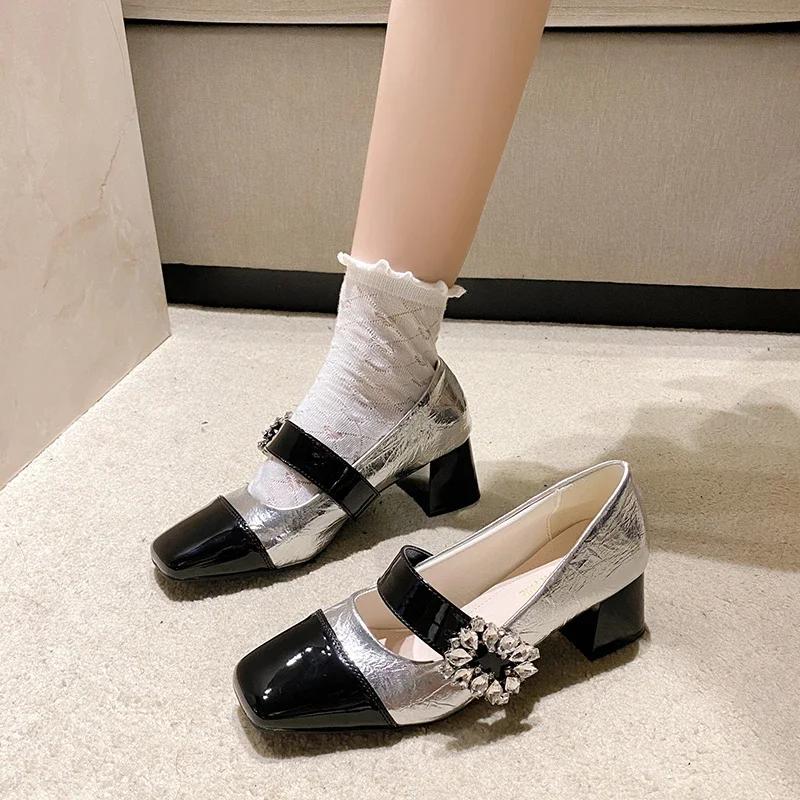 2024 New Square Diamond Shoes Women's High Heels Mary Jane Shoes Women's Elegant Square Toe Thick Sole Party Shallow Mouth