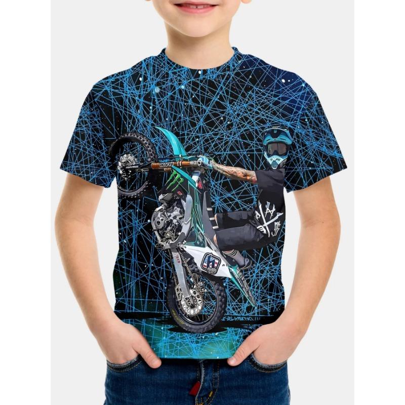 Summer Round Neck 3D Printed Motorcycle Rider Pattern Top Fashionable Casual Short Sleeved Children's Boy T-shirts