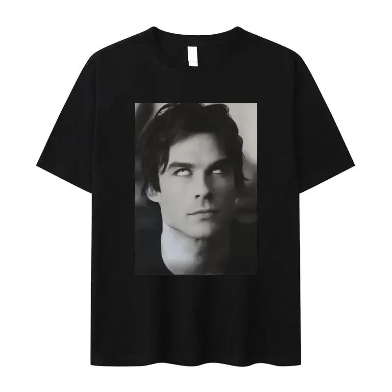 Damon Salvatore Ian Somerhalder TV-Drama Muster T-Shirt für Damen Retro Gothic Mode Übergroßes T-Shirt für Damen Streetwear