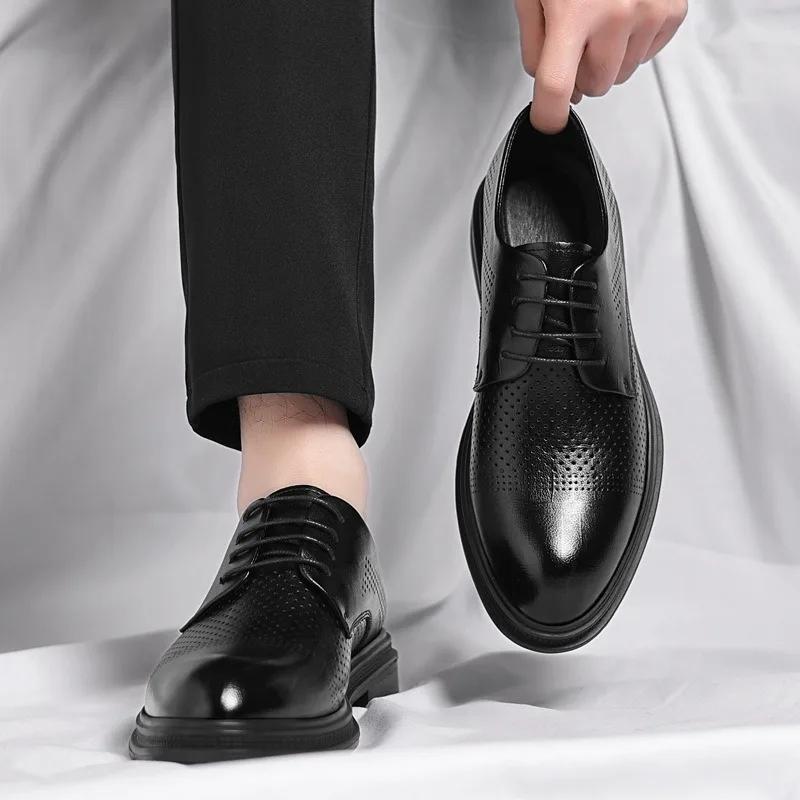 Fashion 3 4 8cm Heel Spring Autumn Men's Leather Dress Shoes Fashion Casual New Designer Hollow Height Casual Platform Shoes Man
