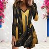 Women Plus Size Light Purple Printed V Neck Long Sleeve A Line Dress