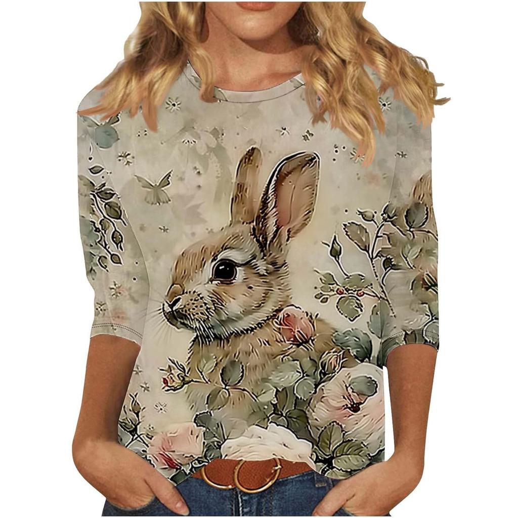 Round Neck 3D Rabbit Printed Top Fashionable Casual Long Sleeved Women's T-shirts