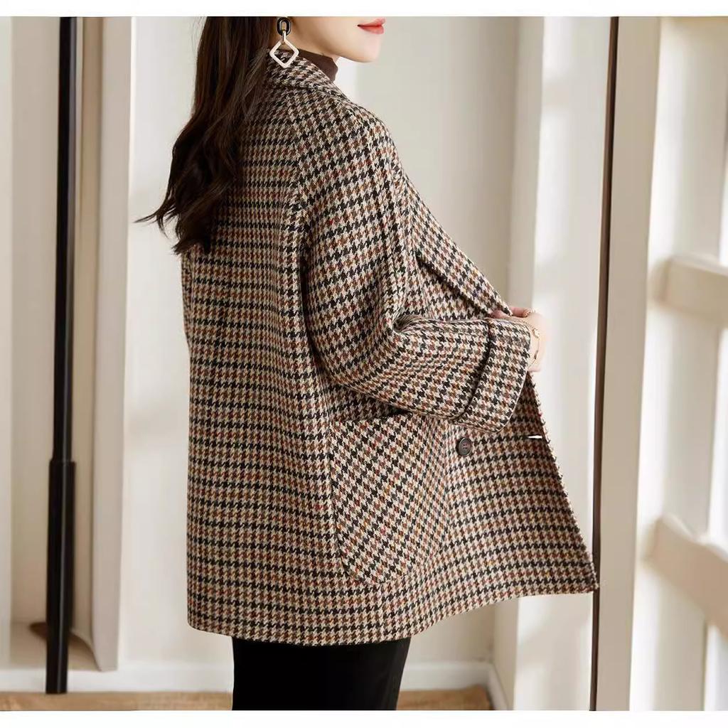 Vintage Houndstooth Women Woolen Blazer Dwurzędowa Kraciasta Kurtka Garniturowa Moda Koreańska Odzież Wierzchnia Luźne Wełniane Płaszcze