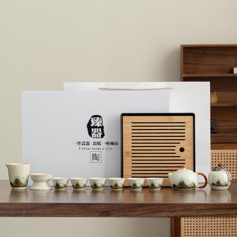 

Qingshan Liliang Ru Kiln Qingshan Tea Set with Tea Tray Household Teapot Business Gift