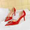Banquet Women's Shoes High Heels Shallow Mouth Pointed Toe Side Hollow Patent Leather Metal Round Rhinestone Buckle Single Shoes