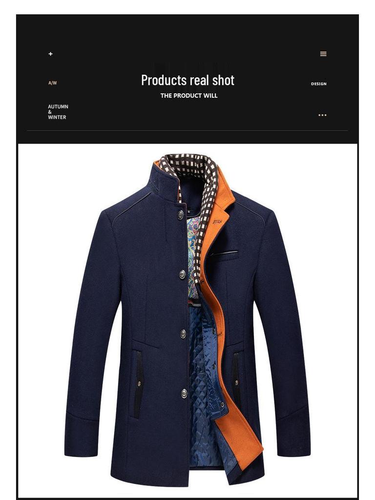 Men's European Size Wool Blend Business Overcoat with Scarf - Autumn/Winter Fashion, Wrinkle-Free Design, Cross-Border Style