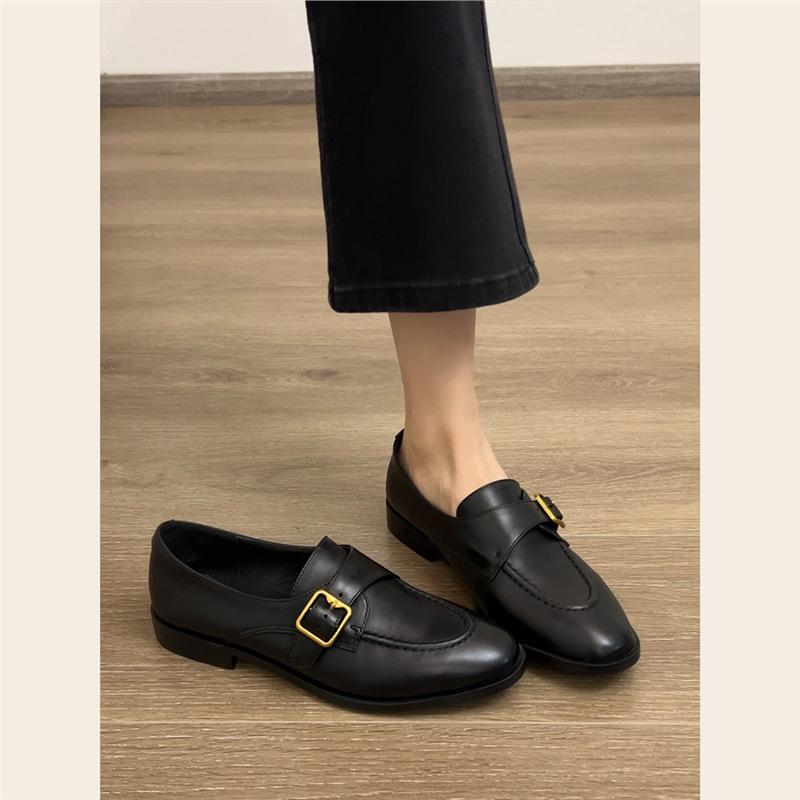 New British style handmade soft leather retro square buckle one-pedal versatile loafers