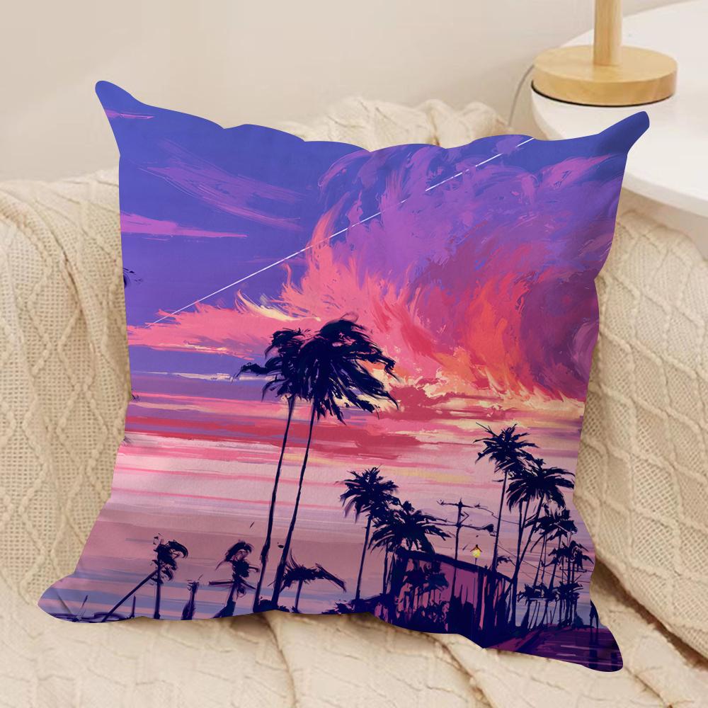 Sunset Palm Tree Fashion Cushion Cover Silky Short Plush Invisible Zipper Dustproof Sofa Pillow Case for Home Decor