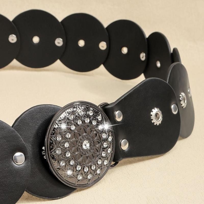 Retro Studded Waistband Unisex PU Stretch Belt With Accents Fits 90cm To 110cm Waist