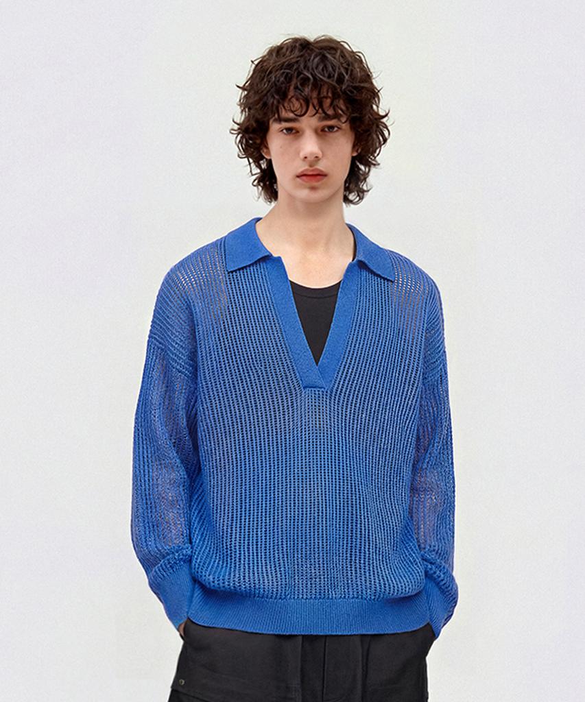 CUTZ Mesh Boucle Open Collar Pullover (Blue)