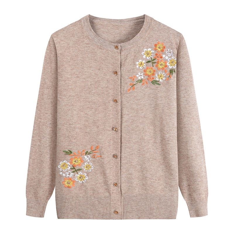 Spring Autumn Women's Thin Knit Cardigan Loose Fit Round Neck Printed Knit Cardigan