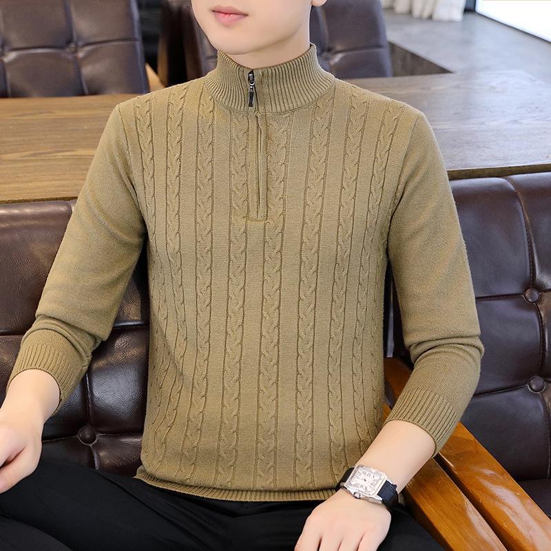 

Men s Korean Style Slim Fit Stand Collar Half-Zip Cable Knit Sweater M хакі