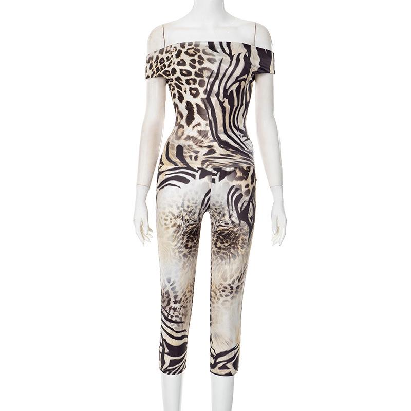 European & American Style One-Shoulder Bandeau Top with Seven-Point Printed Pants Set S