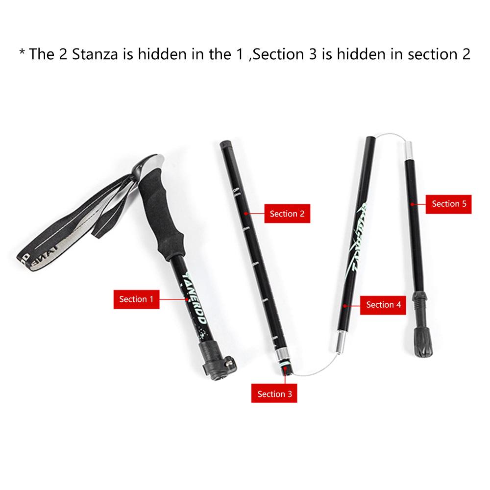 מקל טרקים מתקפל 5 חלקים סגסוגת אלומיניום מקל הליכה מקל טיפוס חיצוני קני הליכה לקשישים עם תיק אחסון