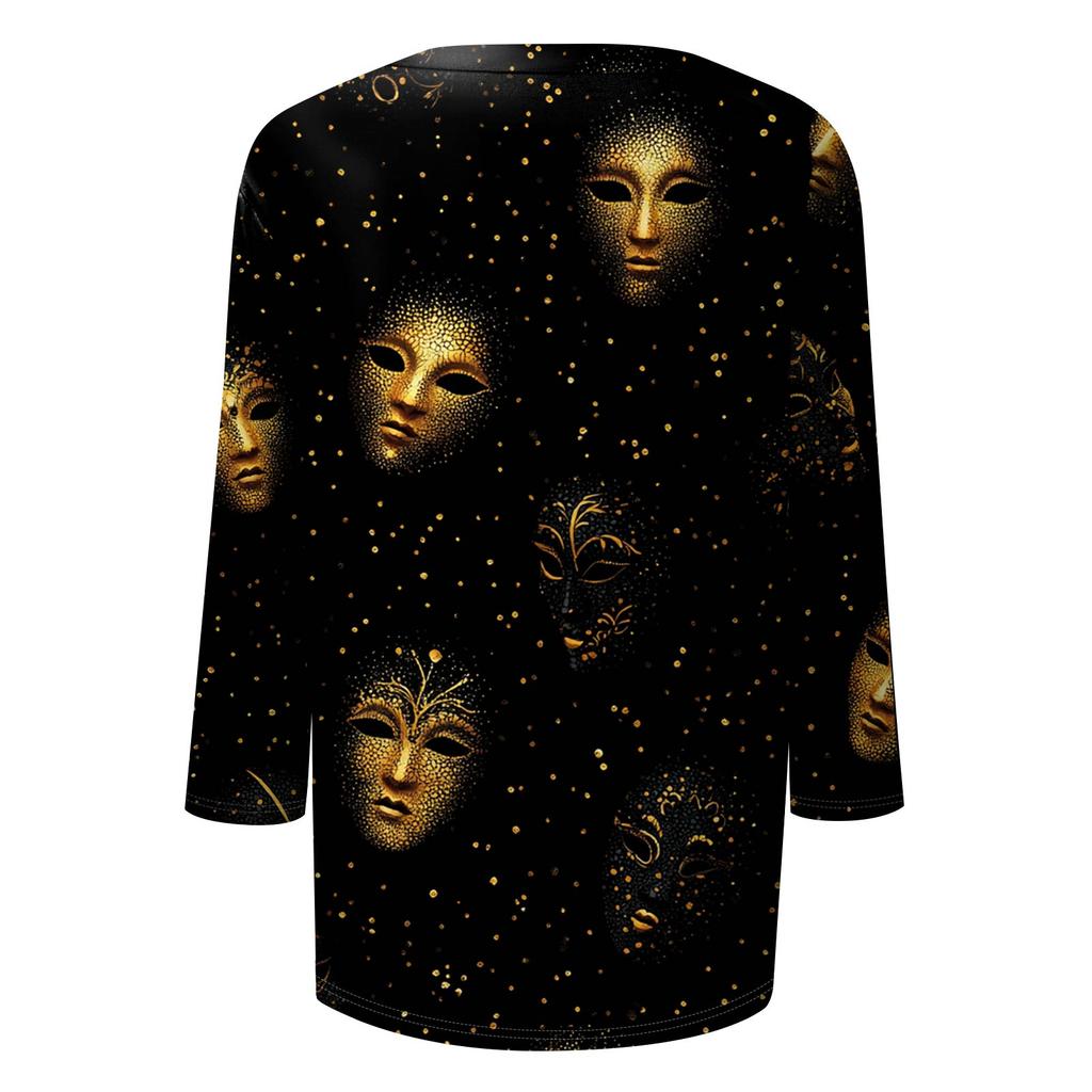 Women's Fashionable Casual Three-Quarter Sleeve Carnival Print  Neck Top