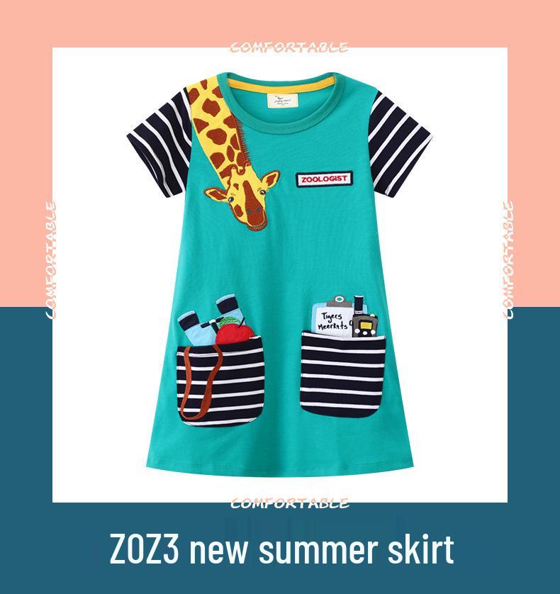 Letní áčkové šaty pro dívky s krátkým rukávem a dlouhým výstřihem s výšivkou žirafy