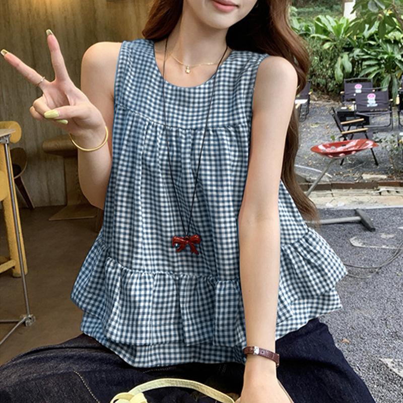 

ZANZEA Женские повседневные летние майки без рукавов с круглым вырезом и принтом в клетку 5XL синий