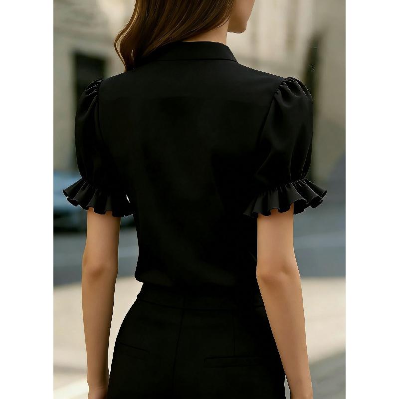 2026 New Summer Stand Collar Lace Patchwork Puff Sleeve Short Sleeve Shirt for Women