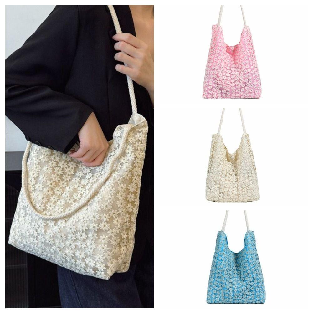 Solid Color Flower Tote Bag Large Capacity Cloth Shoulder Bag Portable Underarm Bag Daily