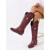 Foreign Trade Large Size Star Totem Embroidered High Leather Boots Women's European and American Style Sewing Thread Pointed Thick Heel Western Boots