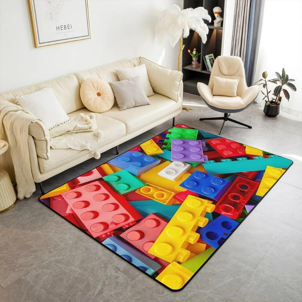Rainbow Building Blocks Inspired Carpets for Living Room Decor Construction Carpet for Boys Girls Bedroom Washable Entrance Rug
