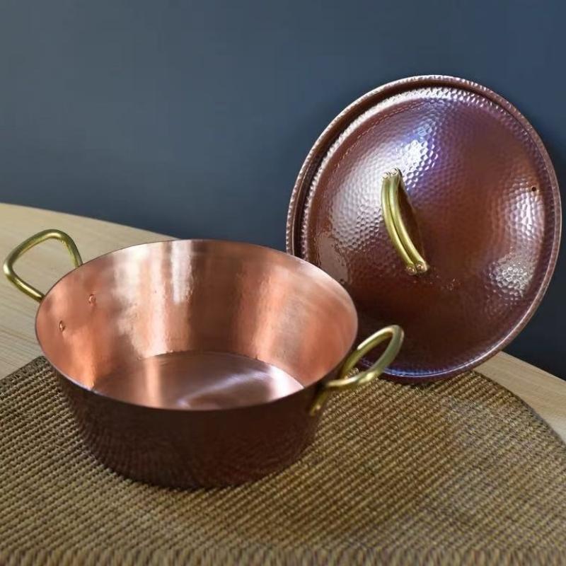 Handcrafted Vintage Copper Pot,Camping Thickened Pot With lid Cooking Utensil Simmering Pasta Stewing,24.5 cm Hammer Texture Pot